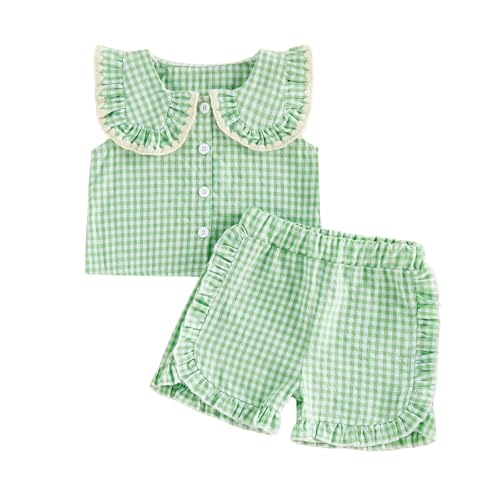 RUIWANBBY Toddler Baby Girl Summer Gingham Outfits Sleeveless Button Down Plaid Tops Elastic Waist Shorts 2Pcs Clothes Set (Green, 12-18 Months)