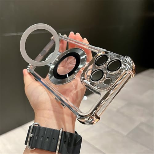 Étui iPhone 13 Pro transparent argent plaqué avec support magnétique antichoc