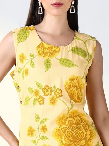 Image of SHOWOFFFF Women Printed Two-Piece Straight Ethnic Kurta Set | Round Neck Sleeveless Cotton Kurta Set for Womens | Mid-Rise Regular Fit Calf Length Kurta Set for Women's
