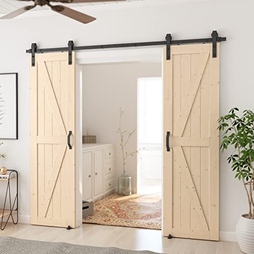 Image of SmartStandard 24in x 84in Sliding Barn Wood Door Pre-Drilled Ready to Assemble, DIY Unfinished Solid Spruce Wood Panelled Slab, Interior Single Door Only, Natural, K-Frame (Fit 4FT Rail)