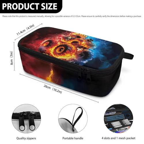Image of Fire Truck Print Pencil Case for Boys 6-8 Large Capacity Pencil Pouch for Kids Lightweight Portable Pen Bag with Mesh Pocket for School