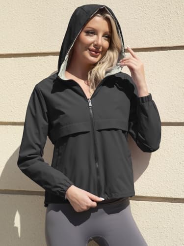 Womens Waterproof Reversible Rain Jacket Lightweight Raincoat Packable Hooded Outdoor Windbreaker Jacket4