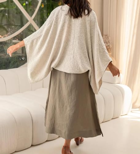 Women Linen Lightweight Cardigan Open Front 3/4 Sleeve Shawls Wraps Shrug Jackets Kimono Poncho Loose Cover Ups4