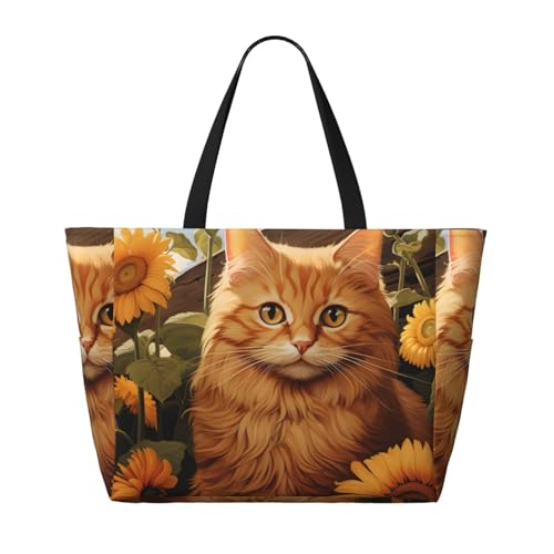 Sunflower Cat Pattern Beach Bag for Women Waterproof Large Beach Tote Bags Ladies Swim Pool Bag with Zipper2