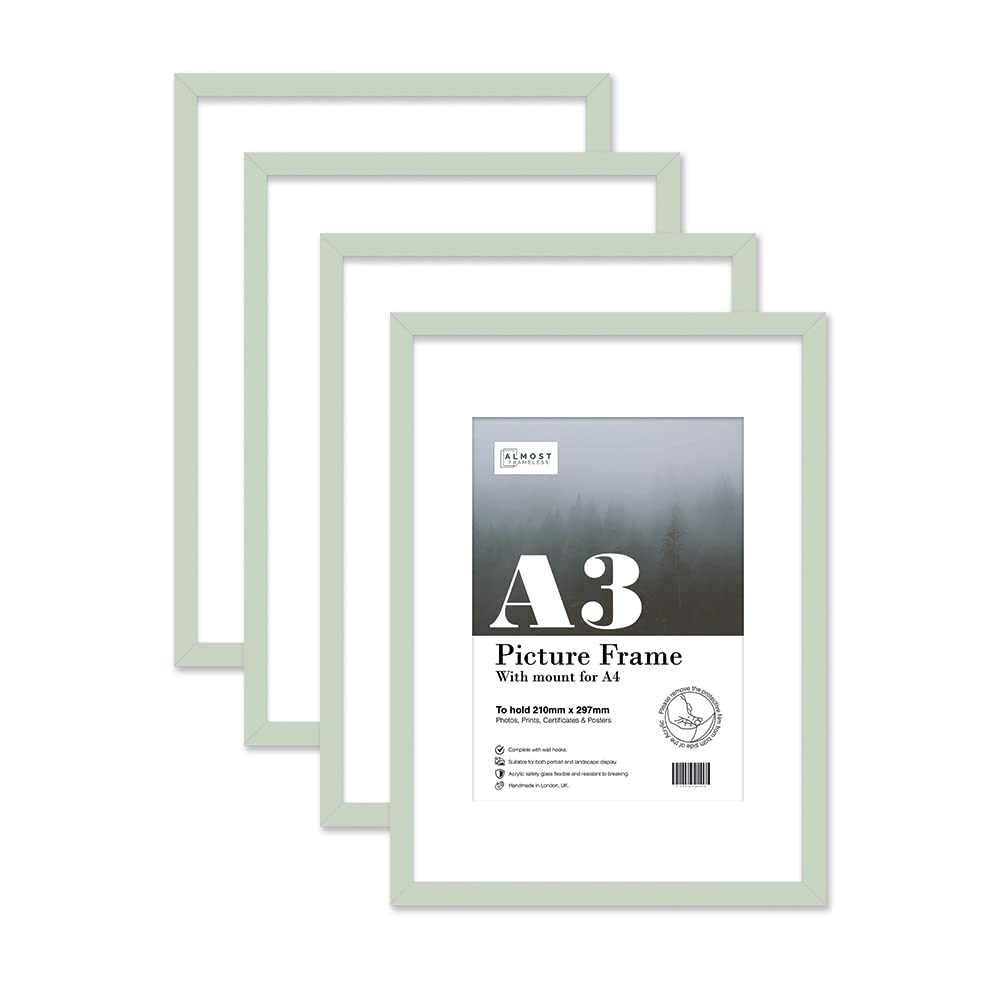 Almost Frameless A3 Mint Green Picture Frame Set of 4, Display A4 Pictures with Mount or A5 Without Mount Gallery Wall, Poster, Photo, Artwork, or Print, Mint Green