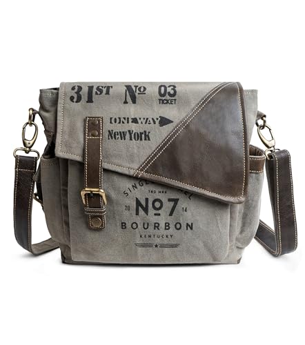 3 BROTHERS - Bourbon Print Shoulder Bag for Men & Women | Upcycled Vintage Messenger Canvas & Leather Bag | Multi Pocket Bag | Hobo Bag - Fade Grey