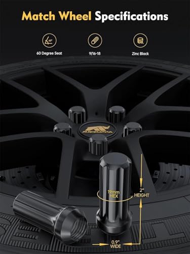 Image of MIKKUPPA 20PCS 9 /16-18 Lug Nuts - Replacement for 1994-2011 Ram 1500, 2005-2010 Dodge Dakota, 2004-2009 Durango Aftermarket Wheel, Black 7 Splined 3 /4 inch Hex, 2 inch Tall, 0.91 inch Wide Tire Nuts