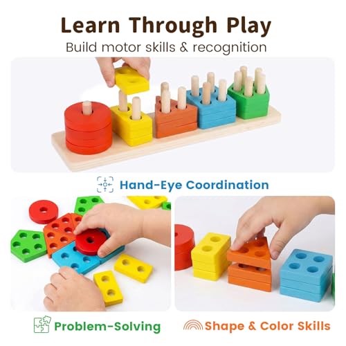 Image of 3 otters Wooden Sensory Toys for Toddlers Montessori Stacking and Sorting Learning Toy Activities Puzzles 20 PCS Medium (Pack of 2)