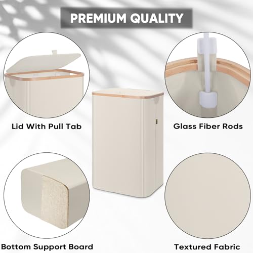 Image of BALEINE Laundry Hamper with Lid, Tall Laundry Baskets with Bamboo Pull Handles, Large Laundry Bin with Internal Support (18 Gal /70L, Beige)