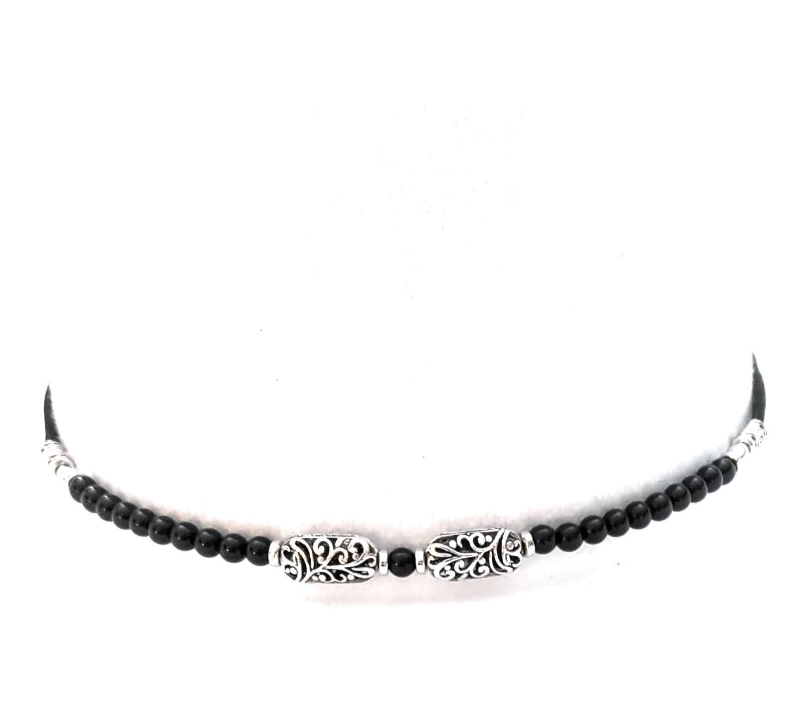 Black Onyx Hatband Silver Vine Bead Adjustable Size For Western Fedora Straw Panama Style Hats