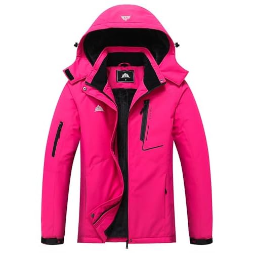 MOERDENG Women's Waterproof Ski Jacket Warm Winter Coat Hooded Snowboarding Jacket Snow Coat Rose Red Small