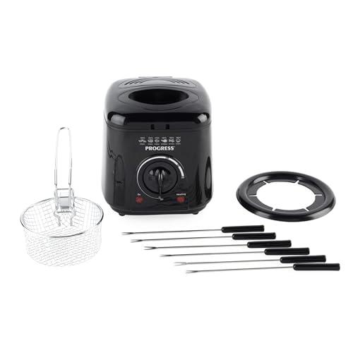 Progress Friteuse et Fondue Électrique 2-en-1 – 850/950W, Bol Antiadhésif 1L, Température Réglable, Fenêtre de Visualisation, Compacte, Panier & 6...