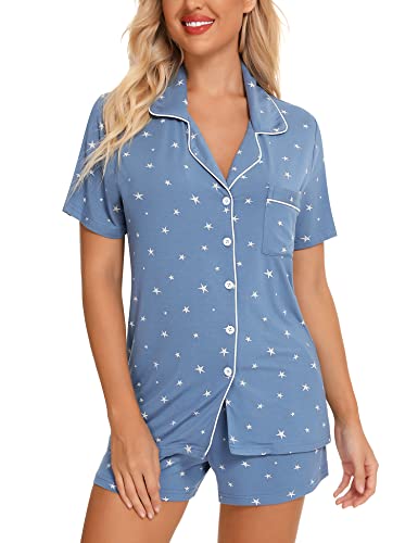 Image of Anjue Womens Pajamas Set Short Sleeve Sleepwear Button Down Nightwear Shorts Soft Pj Sets S-XXL
