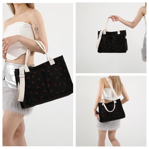Image of Strawberry Tote Bag for Women with Pockets Corduroy Crossbody Shoulder Handbags Purse for Work