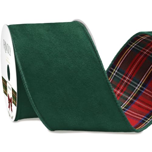 RINOLY Forest Green Velvet Ribbon, Wired Plaid Ribbon, 4 Inch x 10 Yards