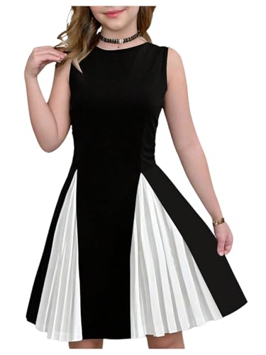 Verdusa Girl's Colorblock Tank Pleated Dress Crew Neck Flared Summer Dresses