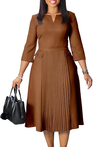 Work Midi Dress for Women 3/4 Sleeve Vintage Ruffle A-line