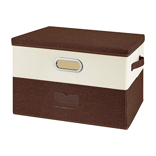 Image of Large Linen Fabric Foldable Storage Bins with Removable Lid and Handles, Washable Storage Box Organizer Containers Baskets Cube with Cover for Bedroom,Closet,Office (Coffee&Cream, Medium)