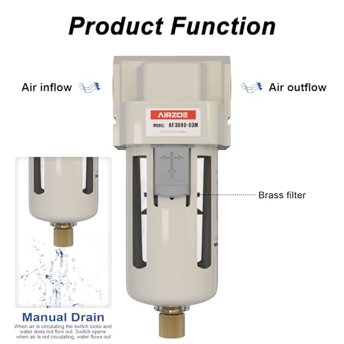 AIRZOE 3/8\" NPT Air Dryer for Compressor - Air Compressor Water Separator AF3000-03, Manual Drain,5 Micron Brass Element, Poly Bowl