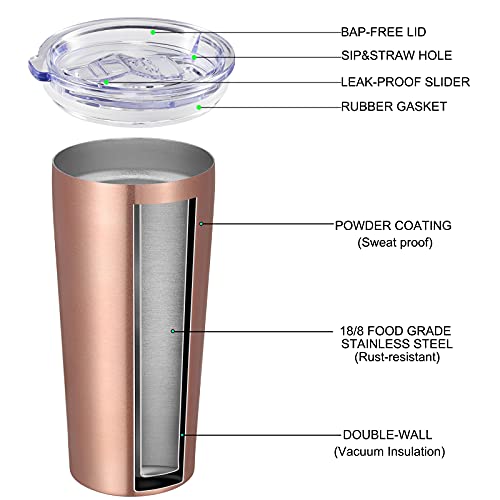 Image of VEGOND 20oz Tumbler Bulk with Lid and Straw 1 Pack, Stainless Steel Vacuum Insulated Tumbler, Double Wall Coffee Cup Travel Mug, Rose Gold