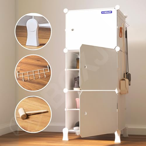 Image of BOXJOY 6 Shelf Shoe Rack with 3 White Doors, 5 Hook Steel Holder & Wooden Hammer, Home Storage PP Plastic Organizer with Metal Door Frame to Cover Chappal Slipper Sandals Shoes Box Stand (White)