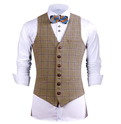 Jiaoyunshi Men's Suit Vest Plaid Vintage V Neck for Wedding Groomsmen Waistcoat Tweed Vest Men