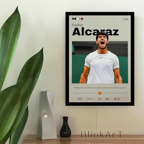 Image of BLINKART Carlos Alcaraz | Tennis Player | Synthetic Wood Photo Framed Wall Hanging Poster Room & Office Bedroom Home Wall | 12x18 Inches