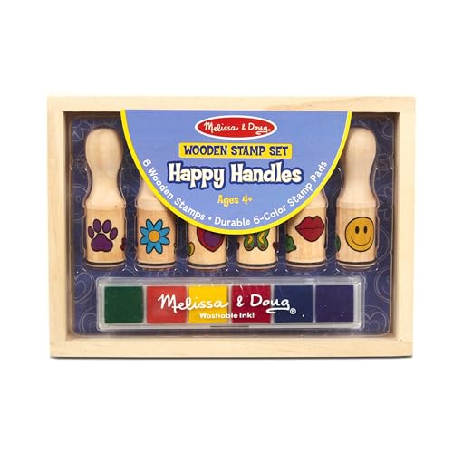 Melissa & Doug Timbri con Manico per Bambini - Set 6 Timbrini e Stampini in Legno, Lavoretti Creativi, Inchiostro Lavabile, Regalo per Feste, per Bambini, 4+ Anni