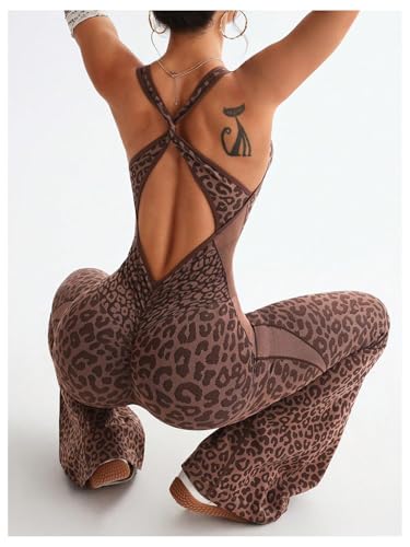 Image of Verdusa Women's Cheetah Print Workout Sets Yoga Jumpsuit Criss Cross Sleeveless Work Out Clothes Flared Pants Jumpsuits