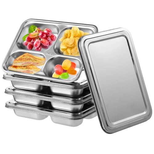 Juego de 4 cajas Bento de acero inoxidable, recipientes de comida de 4 compartimentos con tapas de acero para la escuela, viajes, picnic y hogar