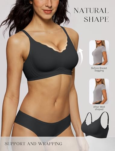 LetsJoli Wireless Seamless Bras for Women No Underwire Push Up Scalloped V Neck Full Coverage Support Bralettes Everyday Bras Black - Image 2