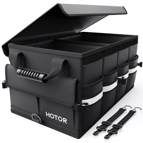HOTOR Car Trunk Organizer - Foldable Trunk Organizer for SUV, Car Storage with Reflective Strips & Securing Cover, Large Capacity Car Accessories for Truck, Van & Sedan, Black, 22.1