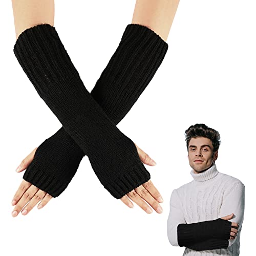 Mens Wrist Warmers Knit Arm Warmers Thumb Hole Winter Fingerless Gloves Thermal Knitted Fingerless Mittens for Men (Black)