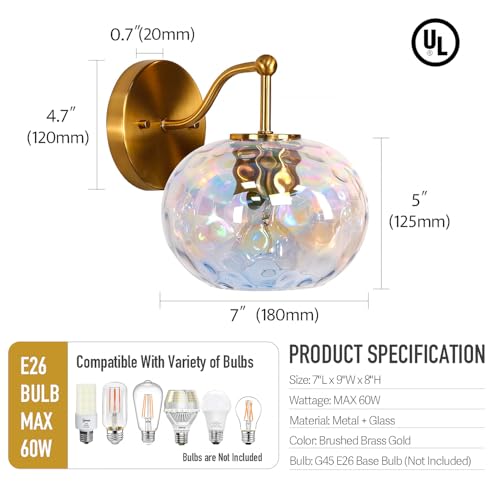 Image of Brushed Gold Vanity Light Set of 2 Stained Hammered Glass Wall Sconce 1-Light Brass Wall Lamp for Hallway Living Room Stairwell Bathroom Over Mirror (Brass Gold, 1-Light)