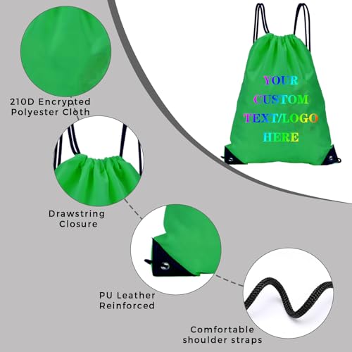 Custom Bags With Your Logo Set of 100 Custom Backpack Draw String Bags Pack Bulk for Travelling Swimming Gym Everyday Use (Green)