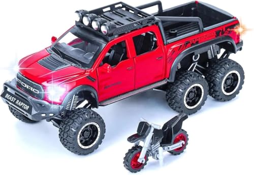 Image of New 1:24 Raptor F150 Diecast Alloy Metal Pull Back Car with Openable Doors Music Sound and Light Vehicle Toy Car for Kids Boys (Red)