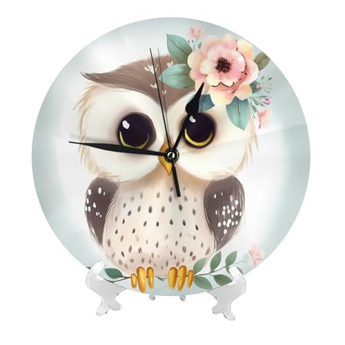 FHEBNDS Horloge murale moderne et silencieuse en forme de chouette avec fleurs - 25,4 cm - Fonctionnement à piles - Analogique - Décoration murale pour...