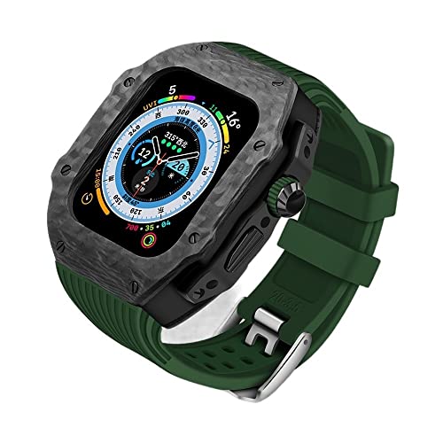 OFWAX Kit de modificación de caja de reloj de fibra de carbono con correa de goma de flúor, para Apple Watch Ultra2 Ultra8 de 49 mm, 9, 7, 6, 5, 4, SE, 45 mm, 44 mm, accesorios de repuesto para reloj