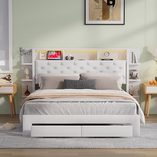 Mutuolux Lit Coffre 160x200 et 2 tiroirs avec LED et Ports USB,Lit Double Tête de Lits avec Espace de Rangement,2 Personnes Bed Sommier à Lattes en Bois(sans...