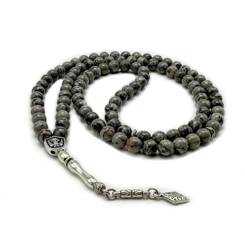 Kapobia Elegant 8mm Jasper Map Agate Handmade Tasbih Gemstone Muslim Prayer Beads Metal Tassel with Special Case | Islamic Gifts for Dhikr Namaz Meditation (99 Beads)