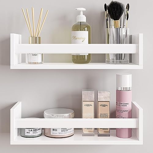 WooDintu Wall Mount Bookshelves, Wood Floating Wall Shelves with Towel Bar Rack for Nursery, Kitchen, Living Room, Bedroom, Bathroom, Office; 18 Inch – White