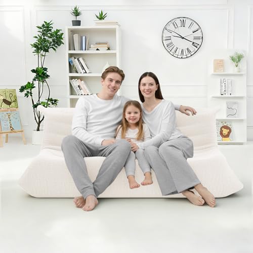 Image of Bean Bag Chairs Fireside Lazy Floor Sofa,3 Seater,Beige | Soft Teddy Fleece 3 Seater Sofa with High-Resilience Foam Filling,Beanbag for Living Room, Bedroom, Office