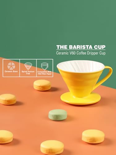 Image of THE BARISTA CUP Ceramic V60 Coffee Dripper Cup /Funnel | Size 02 (3-4 Cups) | Pourover Coffee | Use With Conical Filter Papers | Slow Manual Brew | Strong Smooth Flavour (Yellow)