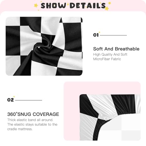 Image of Checkered Crib Sheets Breathable Soft Cribs Pack n Play Mattress Sheet for Baby Toddler Boys Girls Fitted Standard 52 x 28 Inch Black and White Gifts