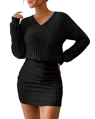Oakgarden Women's Pullover Sweater Dress Long Lantern Sleeve Ribbed Knit