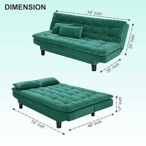 Image of Modern 3 Seater Sofa Cum Bed with Cushions, Foldable Convertible Couch, Velvet Fabric Sleeper Sofa for Living Room, Guest Room, Green