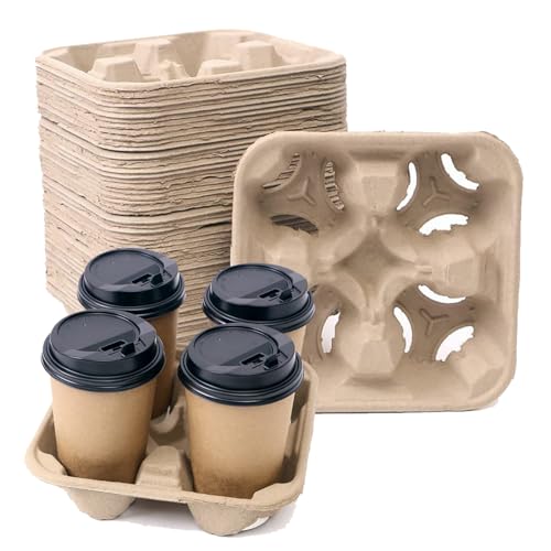 UBozeuiv Disposable Compostable Drink Carriers, 100 Pack | Paper Pulp Cup Holder for 4 Cups (8-32 oz) | Biodegradable Tray for Coffee, Bubble Tea, Takeout & Delivery