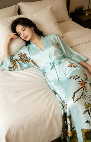 Image of Women's Classic 100% Silk Kimono Robe, Bathrobe-Printed Pattern