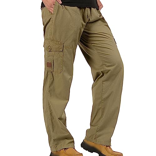 JEKE-DG Men's Elastic Waist Casual Cargo Pants Lightweight Work Trousers Relaxed Fit Workwear Pants with Pocket (X-Large,Khaki)