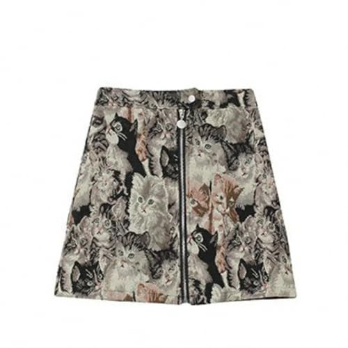 Dawery High Waist Hip A Line Skirt Retro Cat Embroidery Print Autumn Spring Outwear Zipper